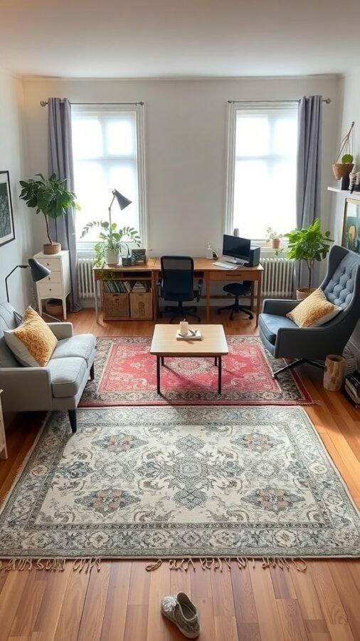 A small living room featuring two area rugs, a cozy seating arrangement, and a workspace.