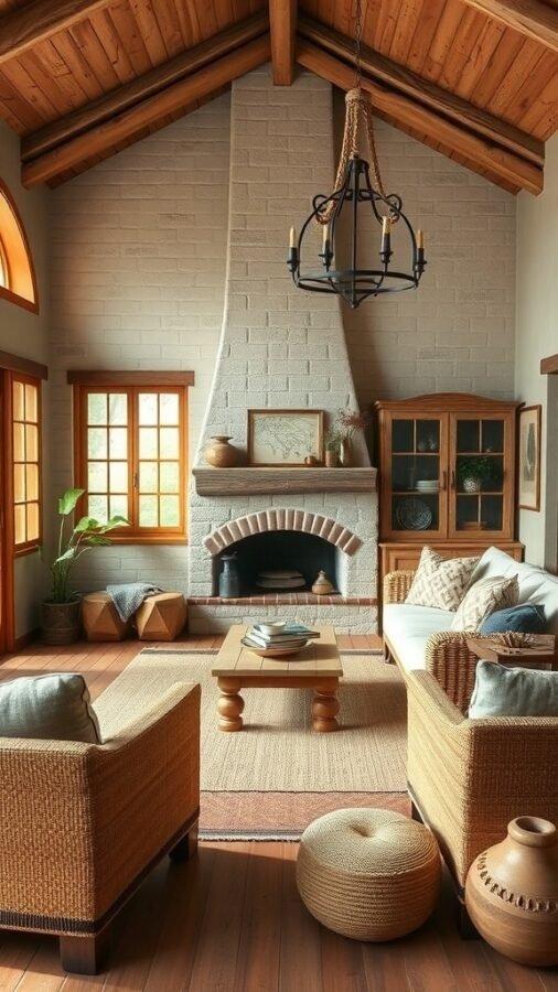 Cozy cottage interior with natural textures, wooden beams, woven furniture, and a stone fireplace.