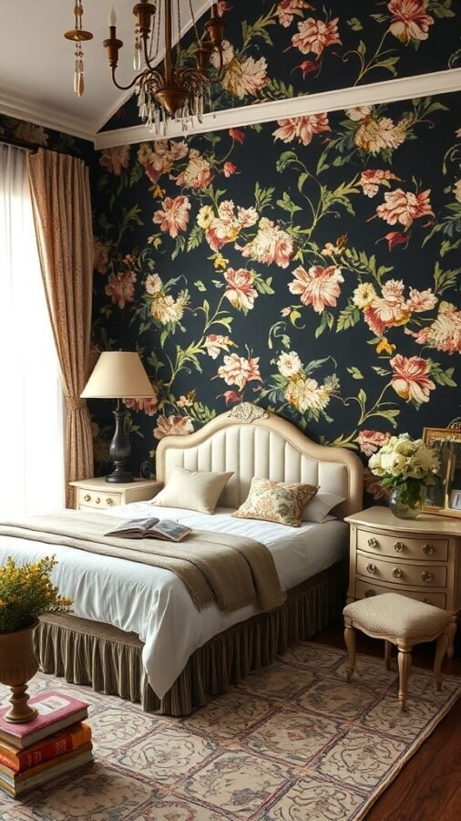 A bedroom featuring vintage floral black wallpaper with a cozy bed and elegant decor.