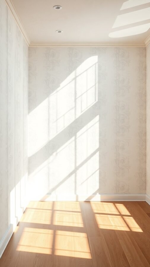 A well-lit room with white wallpaper and wooden flooring, showcasing sunlight casting shadows.