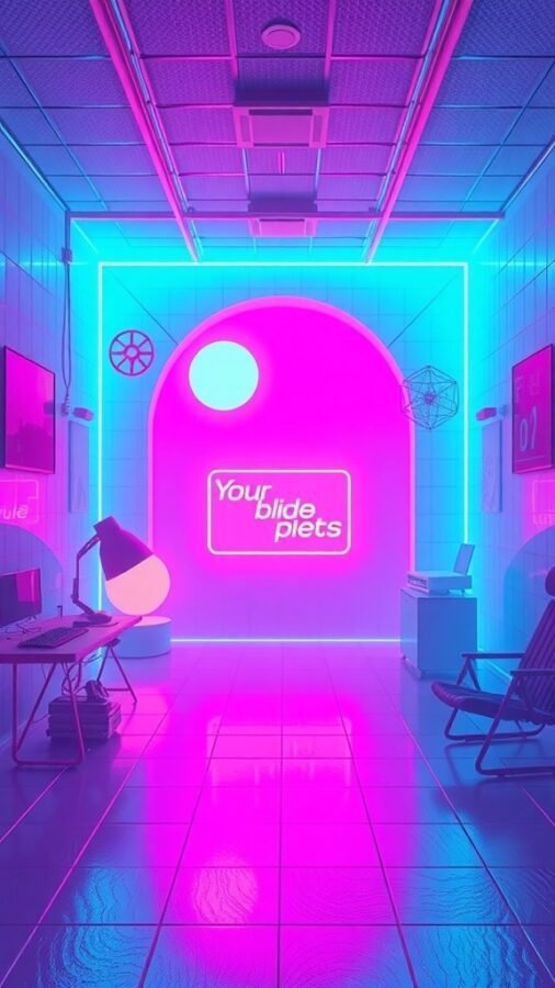 A vibrant room with neon pink and blue lights, featuring a glowing sign and retro furniture.