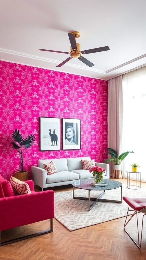 A modern living room featuring bold fuchsia wallpaper, gray furniture, and stylish decor.