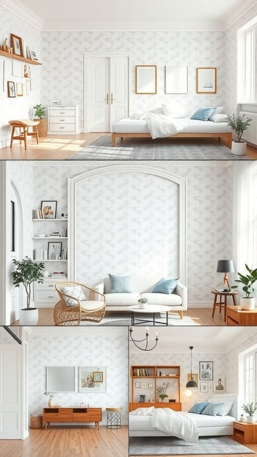 A collage of rooms featuring white wallpaper, showcasing a bedroom, living area, dining space, and another bedroom, all with elegant designs.