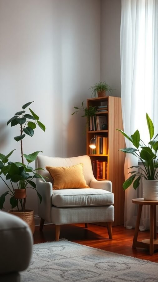 A cozy reading nook with a soft chair, plants, and a small bookshelf in a living room.