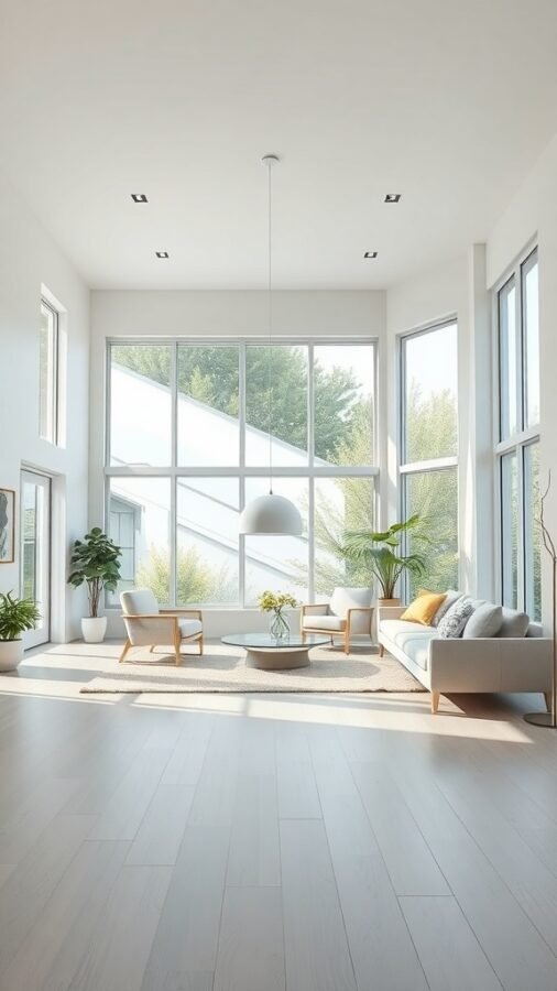 Bright and airy living room with large windows, minimalist furniture, and plants.