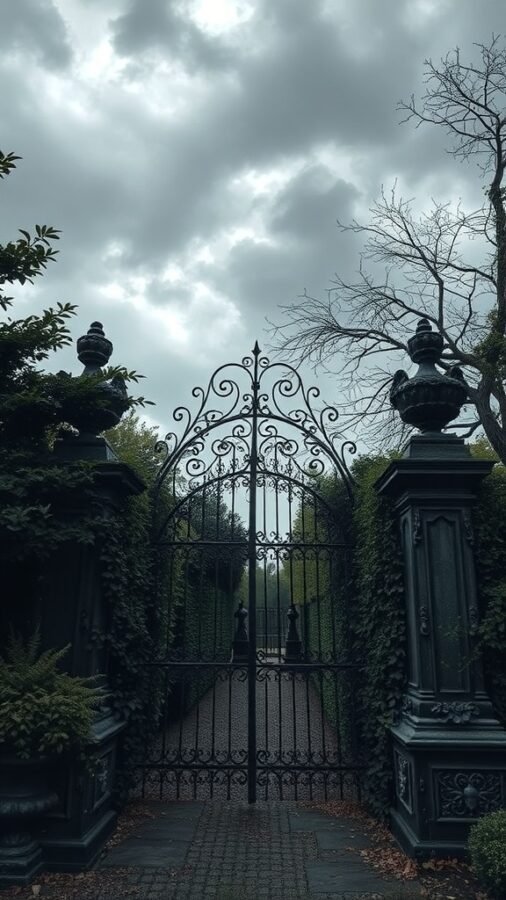 A gothic iron gate surrounded by greenery under a cloudy sky.