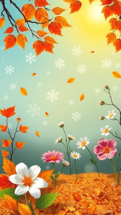 A colorful illustration showing autumn leaves and winter snowflakes with flowers in the foreground.
