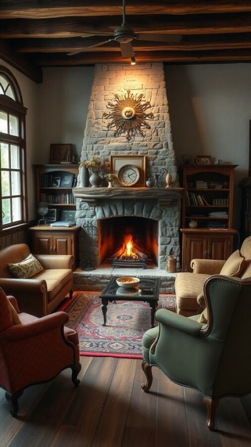 Cozy living room with a stone fireplace, vintage furniture, and warm lighting.