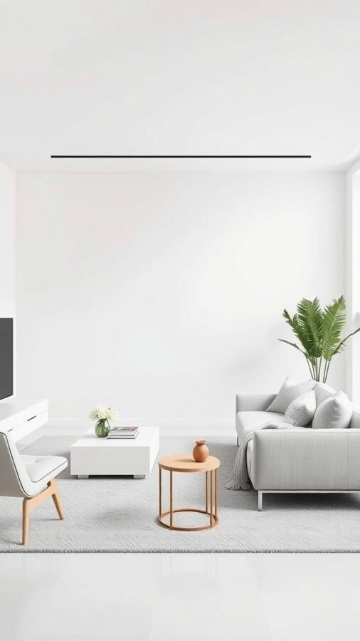 A minimalist living room featuring a gray sofa, white coffee table, and light wood accents.