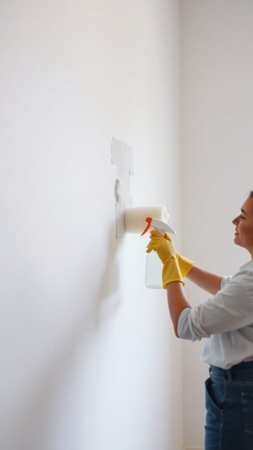 A person applying touch-up paint to white wallpaper with a roller and spray bottle.