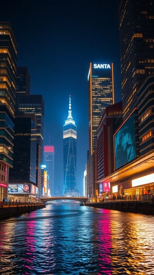 A vibrant urban cityscape at night with skyscrapers and reflections on the water.
