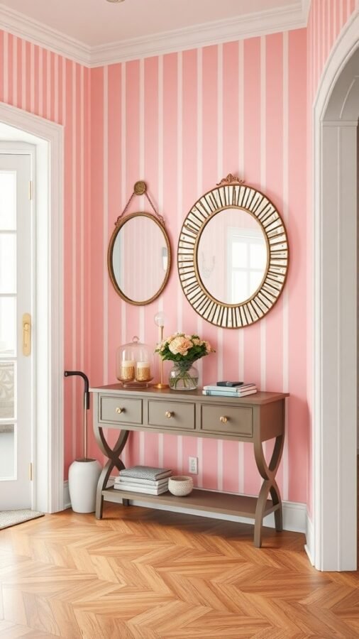 A stylish entryway featuring pink striped wallpaper, a gray console table, and round mirrors.