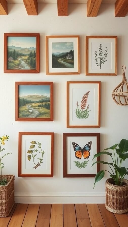 A collection of nature-inspired artwork framed and hung on a wall, featuring landscapes and botanical illustrations.