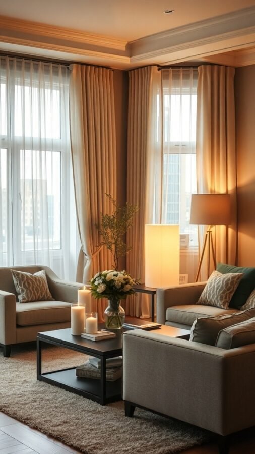 A cozy living room with soft lighting, featuring sheer curtains, candles, and warm-toned furniture.
