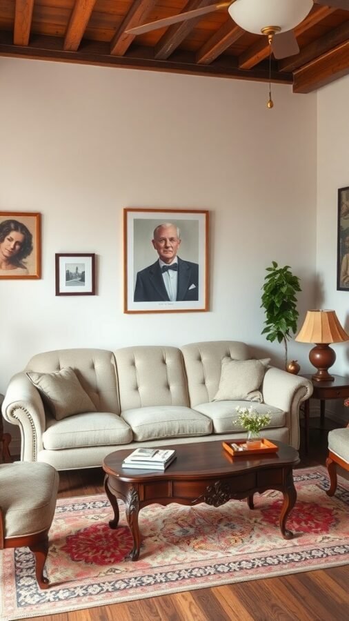 A vintage-inspired living room featuring a beige sofa, wooden coffee table, and framed portraits on the wall.