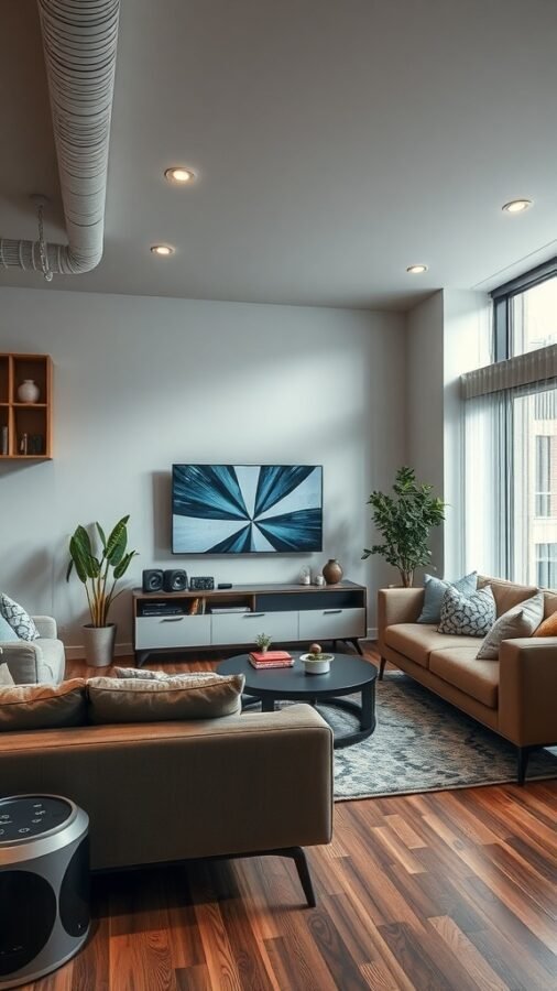 A stylish urban living room featuring modern furniture, a mounted TV, and potted plants.