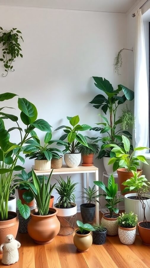A collection of indoor plants in various pots arranged in a living room setting