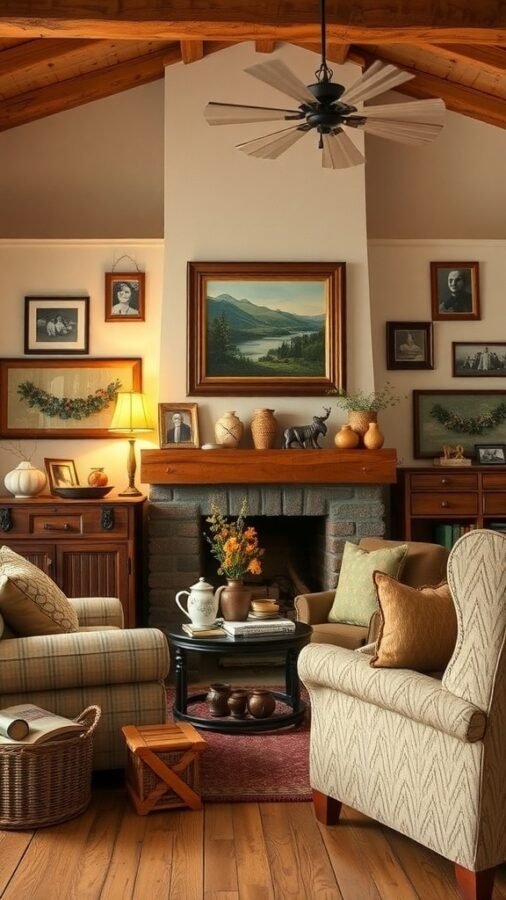 A cozy rustic living room featuring comfortable chairs, family photos on the walls, and a warm fireplace.