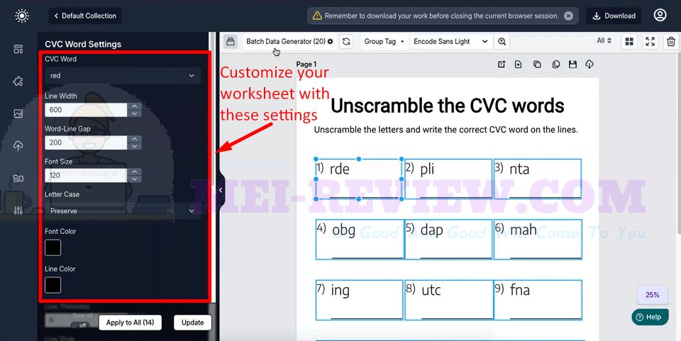 CVC-Worksheets-Generator-Demo-3-settings