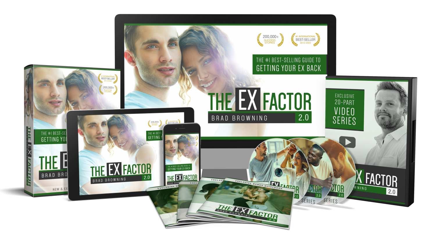 The Ex Factor 2.0 Review (Updated June 2026): My Honest Verdict — Does Brad Browning's Get-Your-Ex-Back System Actually Work, Is It Legit, and Is $47 Worth It? 1 The Ex Factor 2.0 product bundle by Brad Browning shown across a box, tablet, phone, monitor, video series case, CDs, and ebook guides