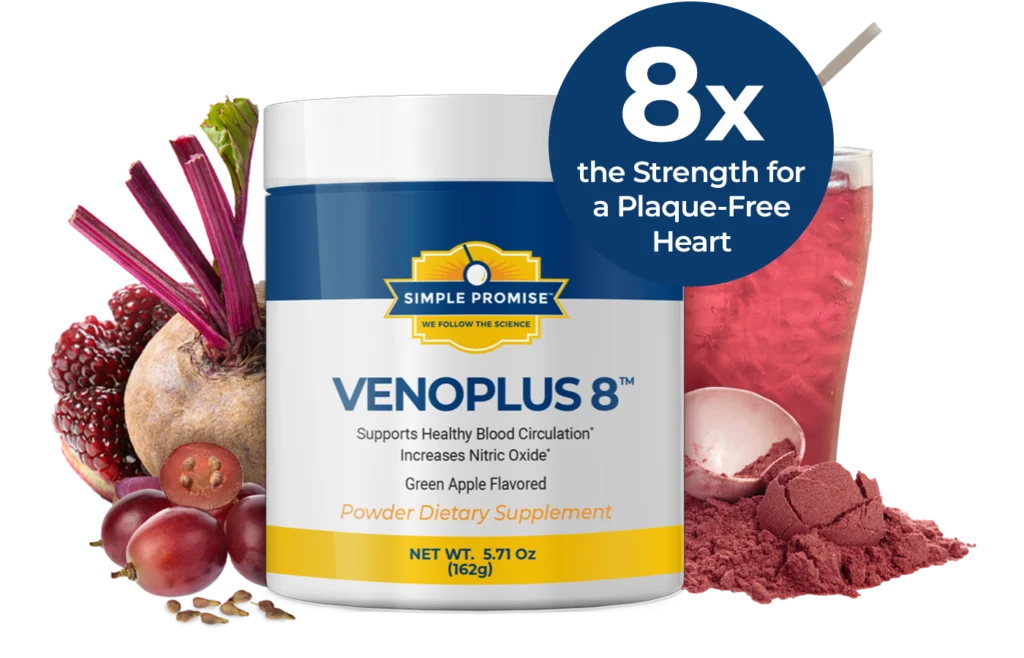 VenoPlus 8 Reviews (2026): My Honest Verdict — Ingredients, Does It Work, Complaints, Pricing, and Whether It's Worth Buying 1 VenoPlus 8 supplement tub with beetroot, berries, red powder, and drink, featuring the claim “8x the Strength for a Plaque-Free Heart.”