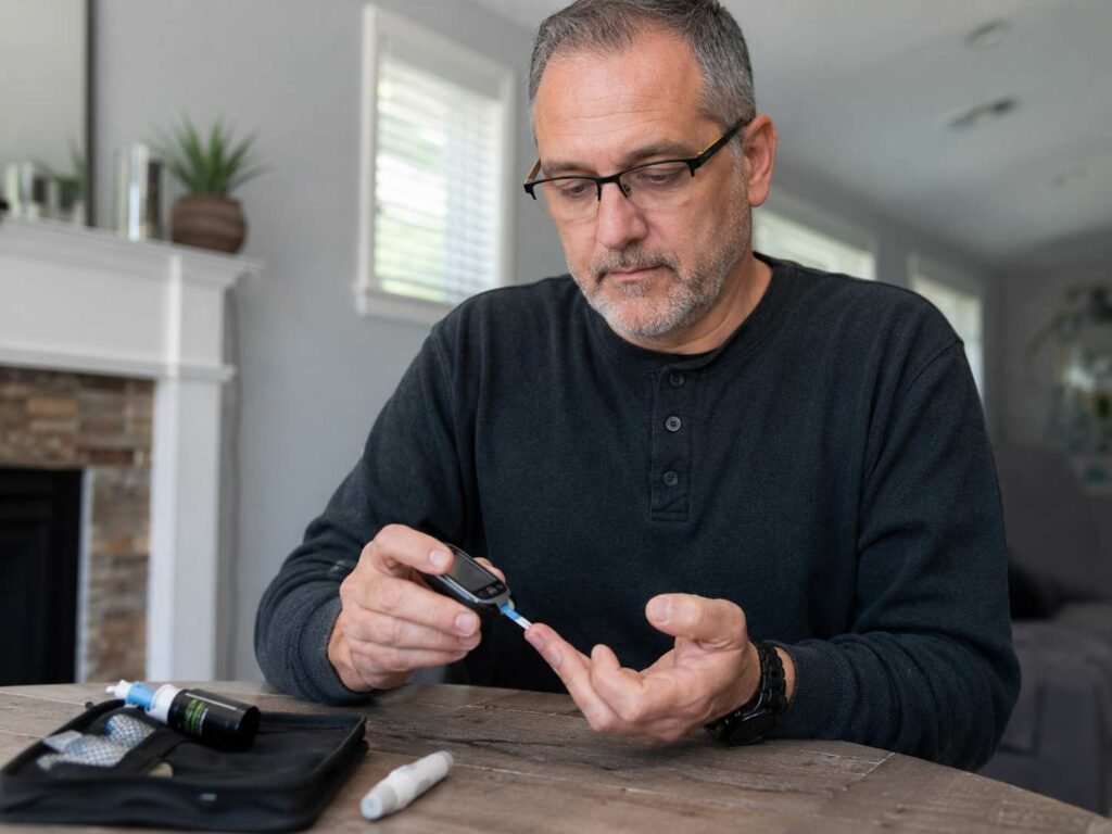 Man checking his blood sugar with a blood sugar monitor