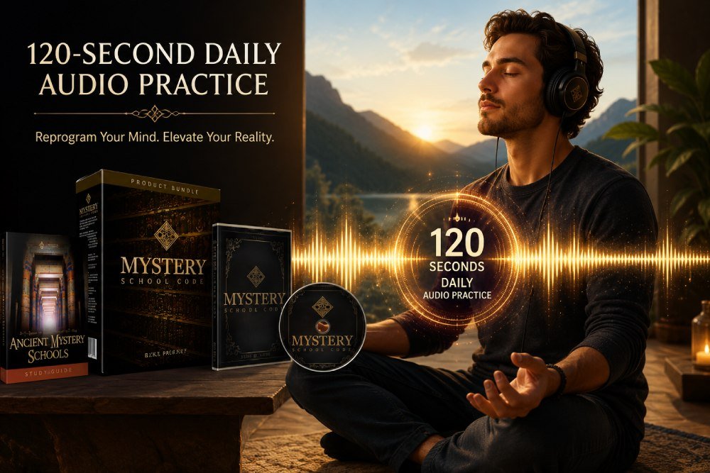 Mystery School Code Review 2026: Scam or Legit? My Honest Verdict on This 120-Second Egyptian Frequency Audio 2 person listening to Mystery School Code frequency audio with headphones daily mindset practice.