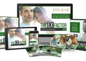 The Ex Factor 2.0 product bundle by Brad Browning shown across a box, tablet, phone, monitor, video series case, CDs, and ebook guides