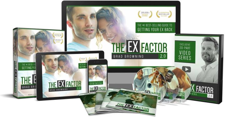 The Ex Factor 2.0 product bundle by Brad Browning shown across a box, tablet, phone, monitor, video series case, CDs, and ebook guides