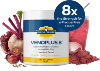 VenoPlus 8 supplement tub with beetroot, berries, red powder, and drink, featuring the claim “8x the Strength for a Plaque-Free Heart.”