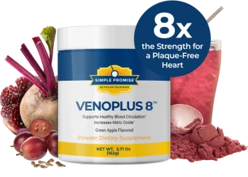 VenoPlus 8 supplement tub with beetroot, berries, red powder, and drink, featuring the claim “8x the Strength for a Plaque-Free Heart.”