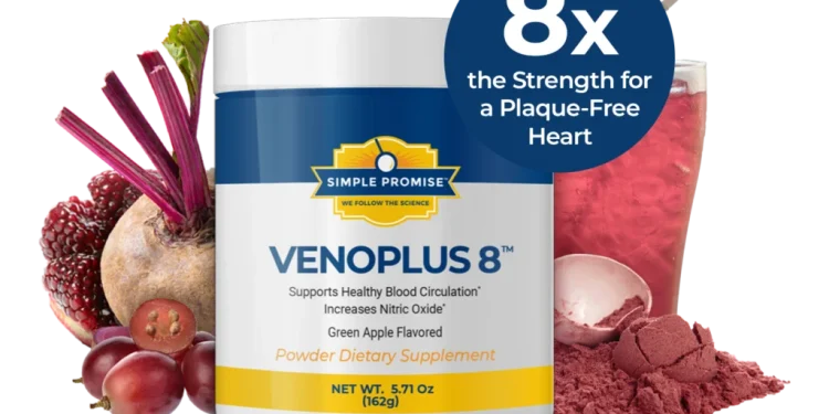 VenoPlus 8 supplement tub with beetroot, berries, red powder, and drink, featuring the claim “8x the Strength for a Plaque-Free Heart.”