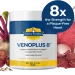 VenoPlus 8 supplement tub with beetroot, berries, red powder, and drink, featuring the claim “8x the Strength for a Plaque-Free Heart.”