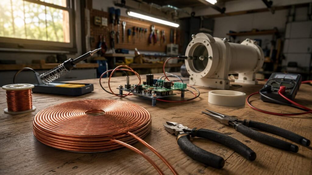 Energy Revolution System Review (Updated 2026): The Physics, Fact-Checked 2 Hand-wound copper bifilar coil and DIY generator components laid out on a workbench, illustrating how the Energy Revolution System guide is built