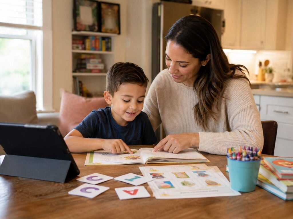 Parent helping child practice phonics with reading worksheets at home.