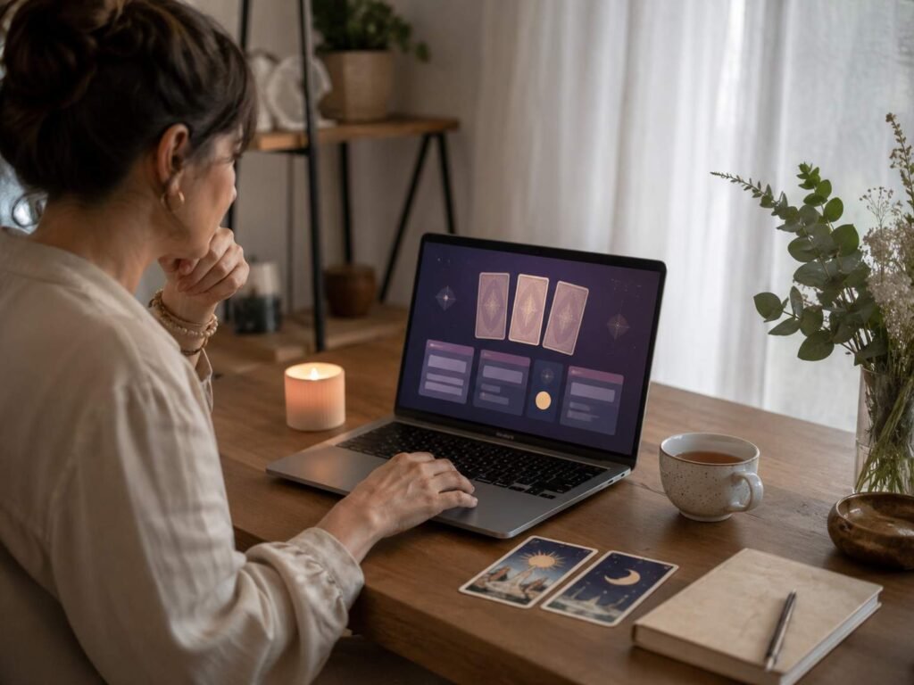 Master Li Tarot Card Reading Review: Legit or Just Hype? 1 Master Li Tarot Card Reading review image showing an online tarot reading setup with cards and a journal.