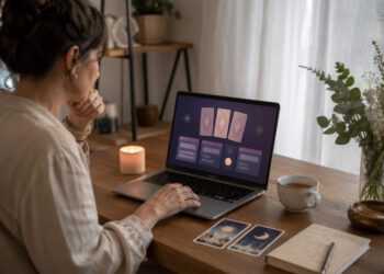 Master Li Tarot Card Reading review image showing an online tarot reading setup with cards and a journal.