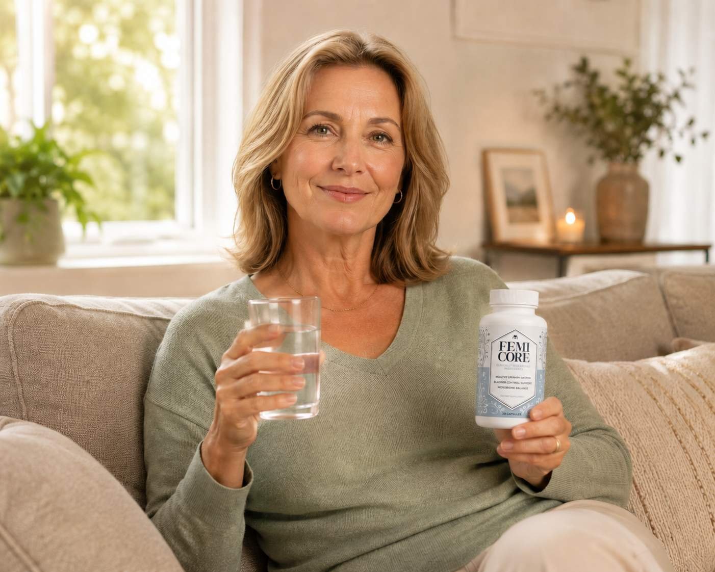 10 Best Bladder Health Supplements for Women (2026) 1 woman holding femicore supplement and a glass of water