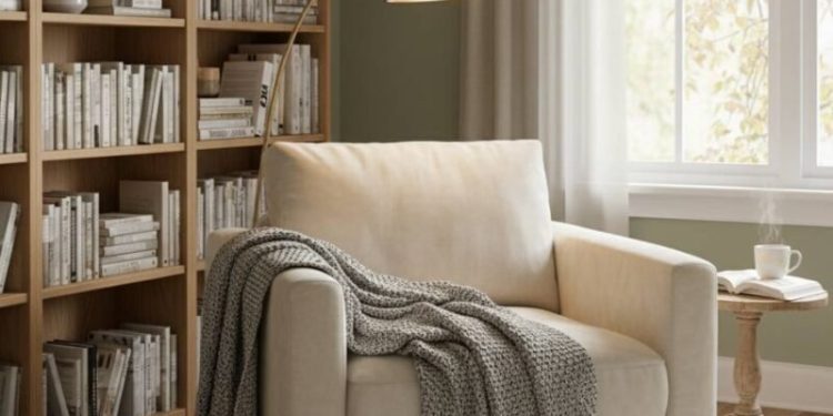 A cozy reading nook with a plush armchair a soft blanket and a bookshelf