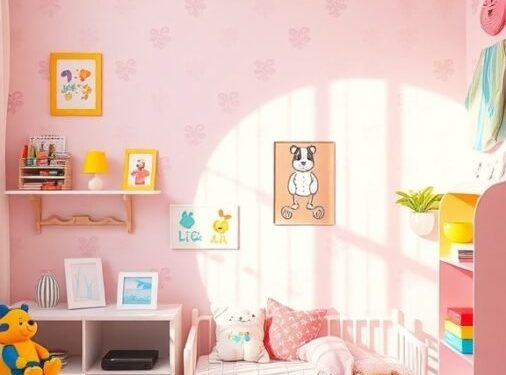 A bright and playful children's room with pastel pink wallpaper, colorful toys, and cozy seating.