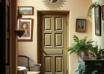 A cozy hallway with warm colors, wooden beams, plants, and artwork.