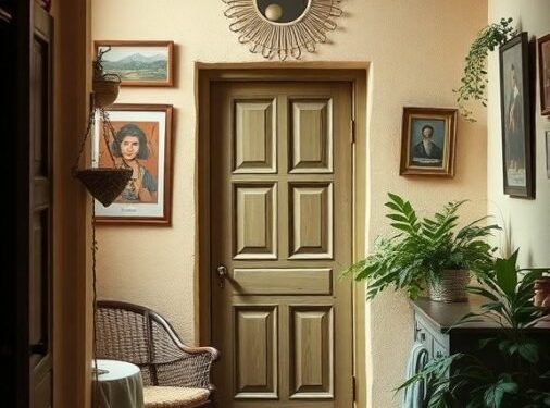 A cozy hallway with warm colors, wooden beams, plants, and artwork.