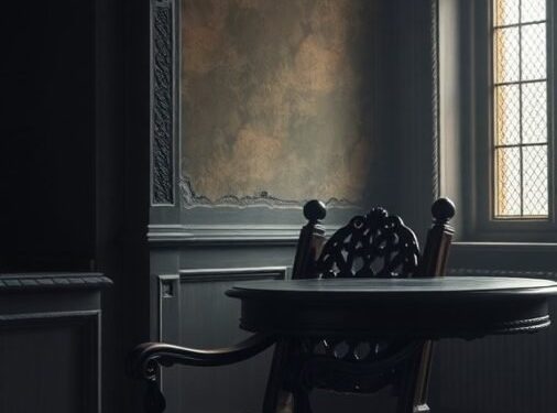 A gothic-inspired room featuring an antique wooden chair and table, with an ornate window casting light.
