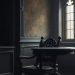 A gothic-inspired room featuring an antique wooden chair and table, with an ornate window casting light.