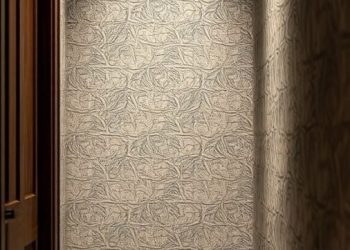 A hallway with textured wallpaper featuring an organic pattern and wooden accents.