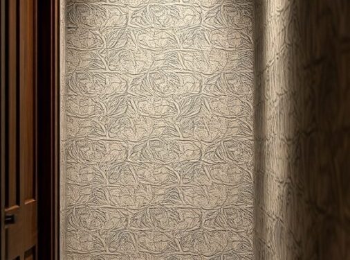 A hallway with textured wallpaper featuring an organic pattern and wooden accents.