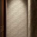 A hallway with textured wallpaper featuring an organic pattern and wooden accents.
