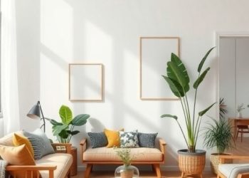 A minimalist living room featuring natural wood furniture, plants, and a light color palette.