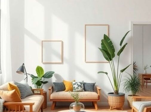 A minimalist living room featuring natural wood furniture, plants, and a light color palette.