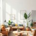 A minimalist living room featuring natural wood furniture, plants, and a light color palette.